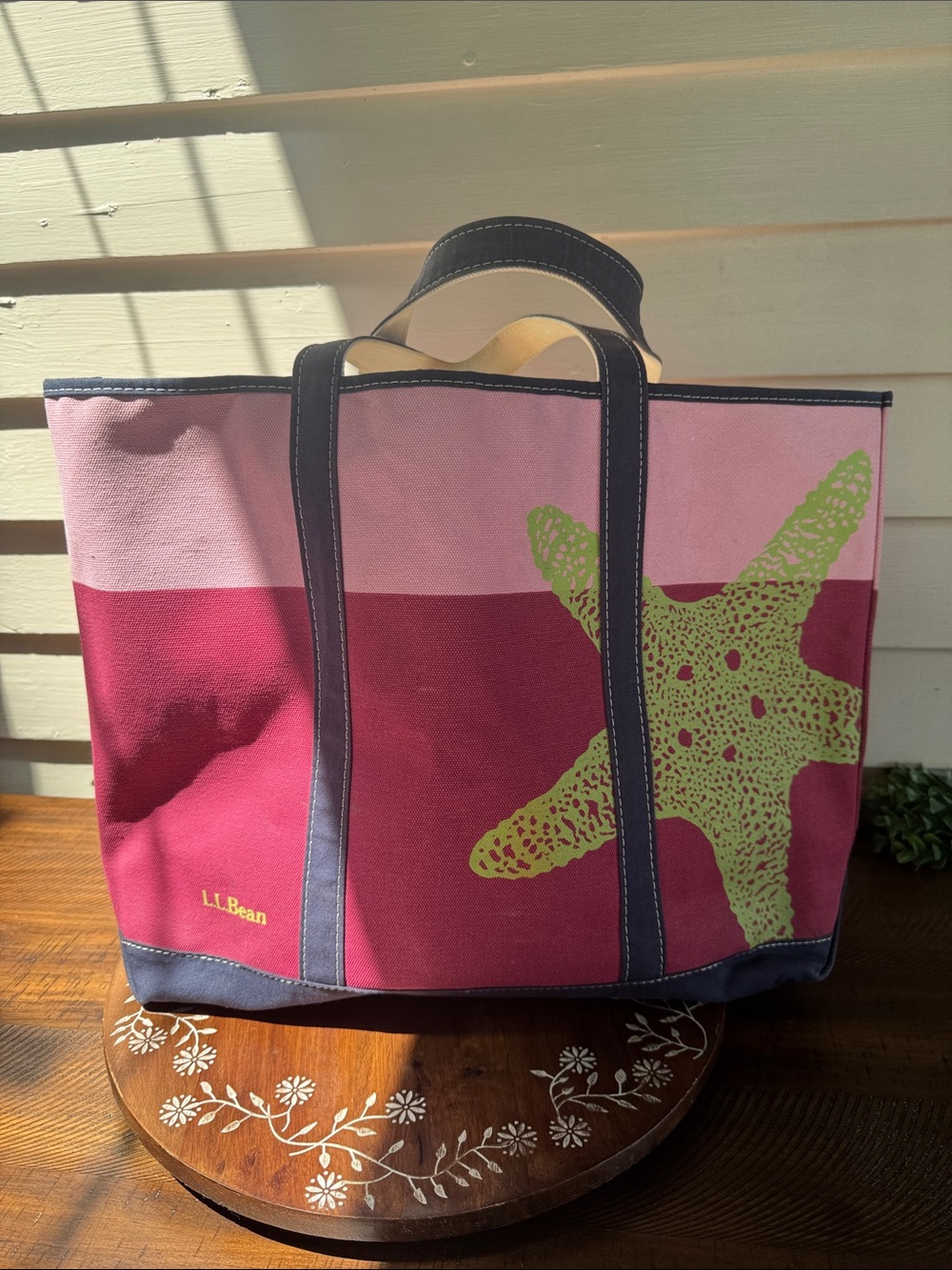 Vtg L.L Bean Pink, Berry & Green Starfish Canvas Tote